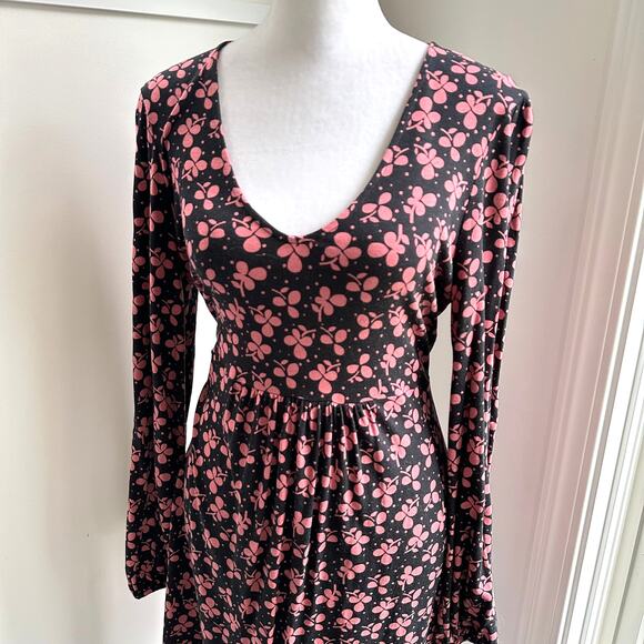 Boden Hattie Clover Print Jersey Sz 8P Black Pink A-Line Long Sleeve Dress - Picture 3 of 8
